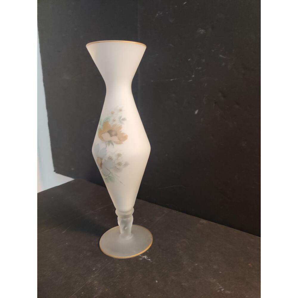 Vintage Frosted Satin Glass Hand Painted Floral Bud Vase Gold Trim - Picture 5 of 13